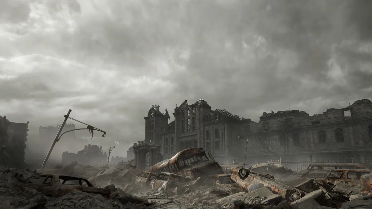 نمای شهر ویران در بازی Resident Evil Requiem